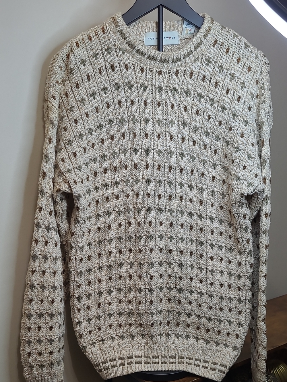 NWT VINTAGE Robert Stock Tan & Olive Green Cotton Crewneck Sweater size Medium